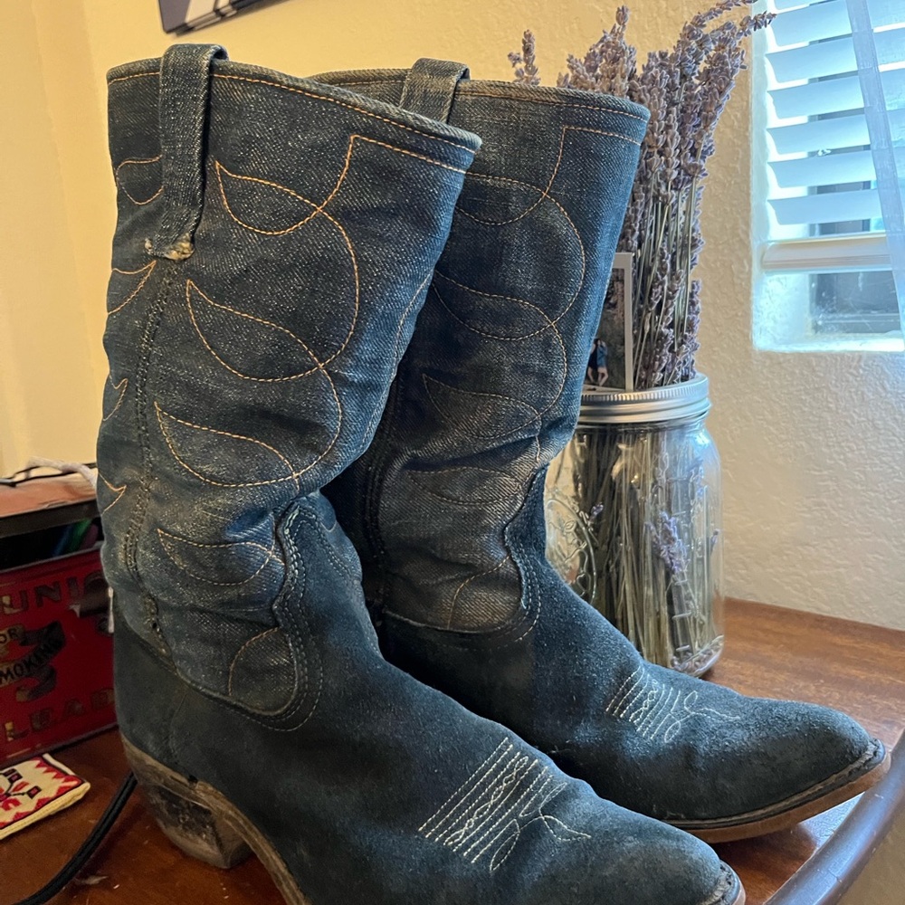Vintage 70s Denim Cowboy Boots Size 7.5 Women’s